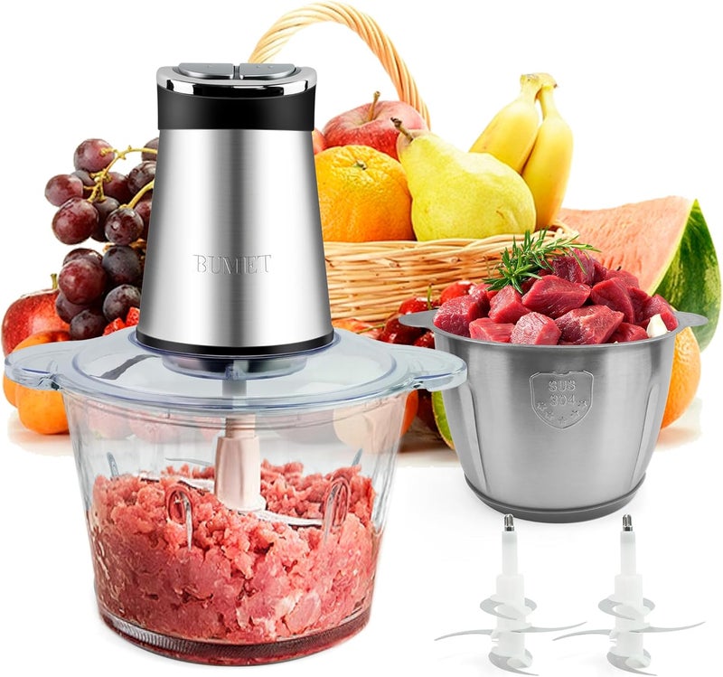 BUMET 2X12-cup bowls 800W Electric Food Processor with LED timer. 3-Tiered 6 Cutting Edges blade for mincing, chopping, Ideal as meat grinder, fresh vegetables chopper, pet food process in kitchen. - Image 1